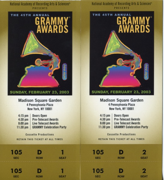 45th Grammy Tickets Front